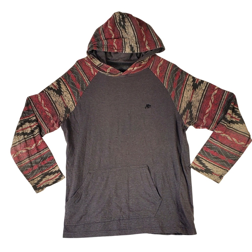 Aeropostale Mens Hoodie L Charcoal Gray Tribal Print Raglan Sleeve A87 Pullover‎